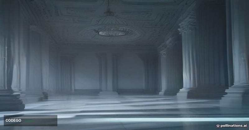 A grand neoclassical Canadian bank headquarters rendered in moody cinematic lighting, shot from a low-angle perspective looki