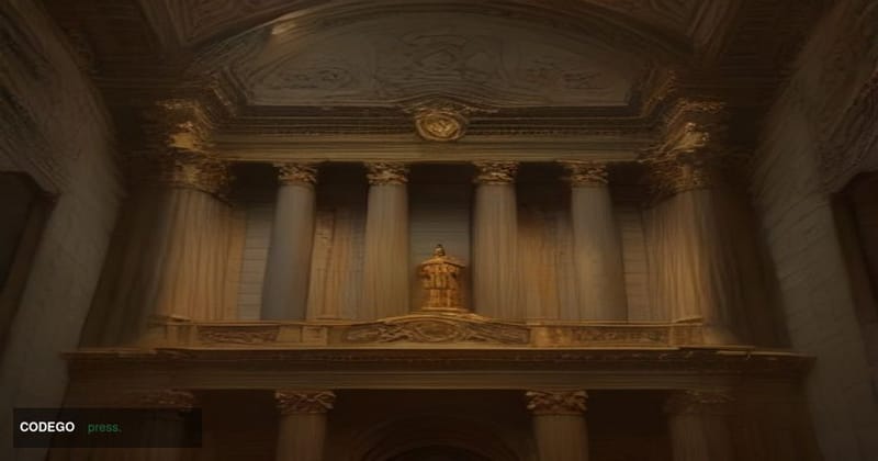 A photorealistic cinematic editorial photograph shot at ground level looking up at the imposing neoclassical stone facade of 