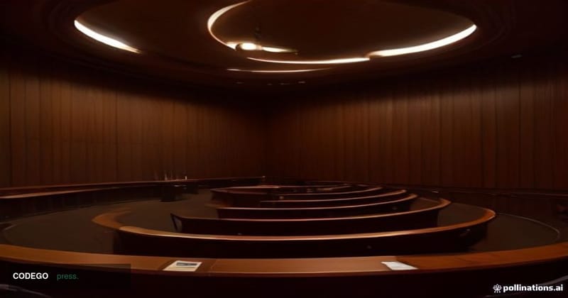 A cinematic editorial photograph set inside a grand federal regulatory hearing chamber in Washington D.C., featuring rows of 