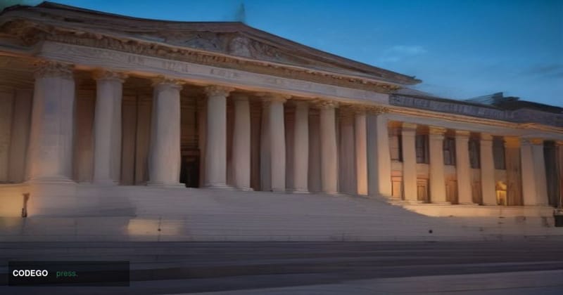 A grand neoclassical federal courthouse exterior photographed at dusk from a low-angle perspective, its wide stone steps risi