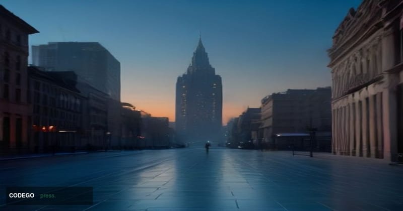 A sweeping cinematic exterior shot of a monumental European financial district at dawn, featuring grand limestone and glass b