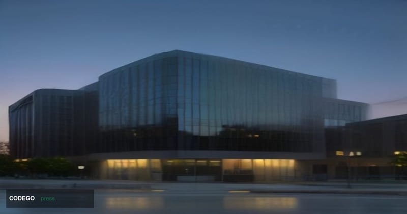 A wide-angle cinematic shot of a modern glass-and-steel financial district building exterior at dusk in Oklahoma City, its bl