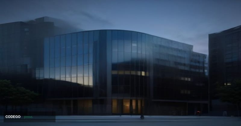A cinematic editorial photograph of a sleek, modern American fintech corporate campus exterior at dusk, shot from a low angle