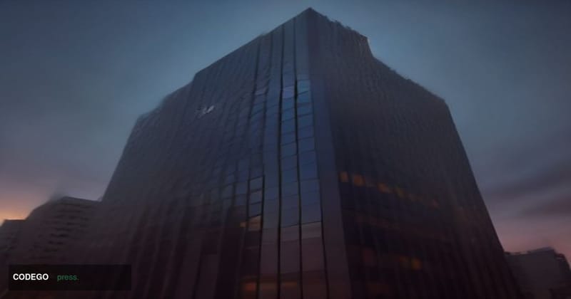 A cinematic editorial photograph of a modern fintech corporate headquarters exterior in San Francisco, California, shot at du