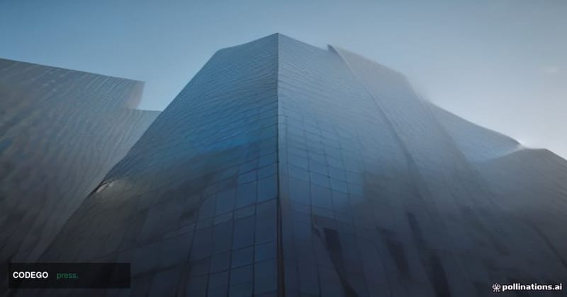 A cinematic editorial photograph taken from a low angle looking up at a modern glass-and-steel financial district office buil