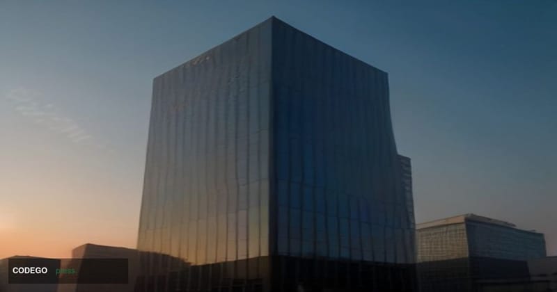 A dramatic low-angle cinematic shot of a towering Chinese state bank headquarters in Beijing at dusk, the massive glass-and-s