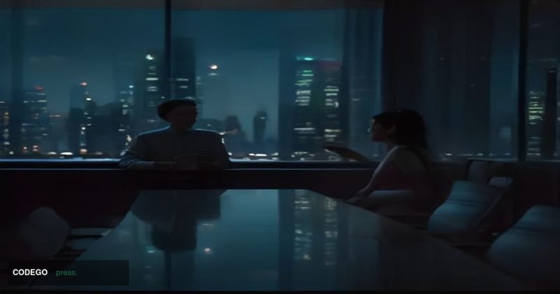 A cinematic editorial photograph set in a contemporary Singapore financial district at dusk, with the Marina Bay skyline refl