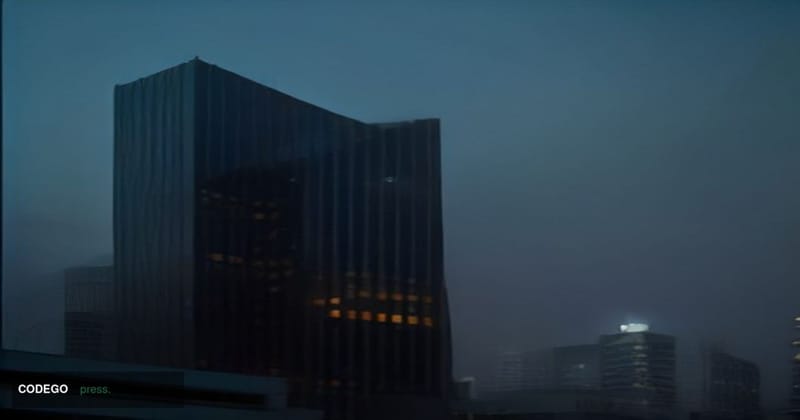 A cinematic editorial photograph depicting a sleek, modern financial district at dusk, viewed from a low angle looking upward