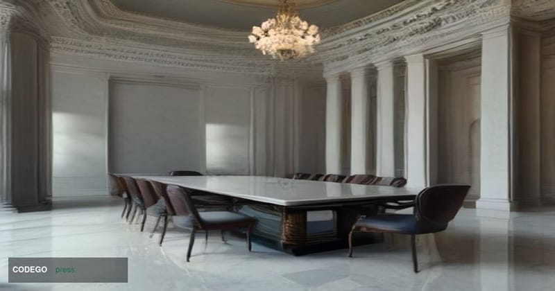 A dramatic cinematic editorial photograph set inside a grand neoclassical financial regulatory building interior, modeled aft
