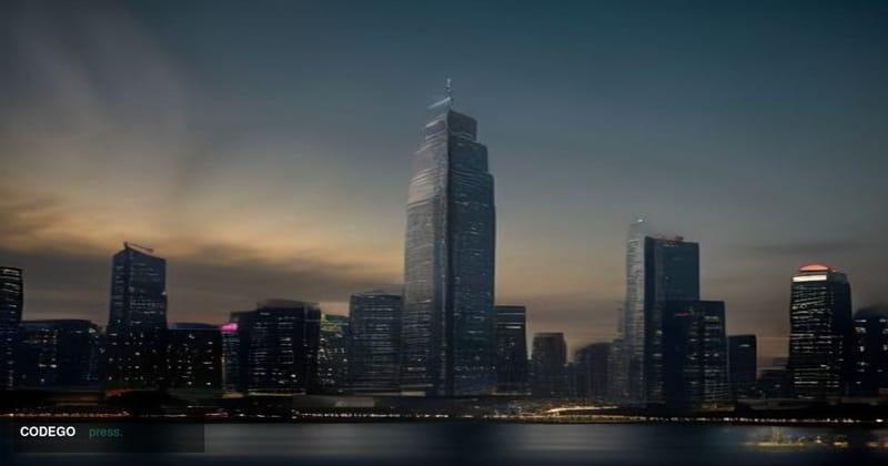 A cinematic editorial photograph depicting two towering glass skyscrapers at dusk — one representing Singapore's iconic finan