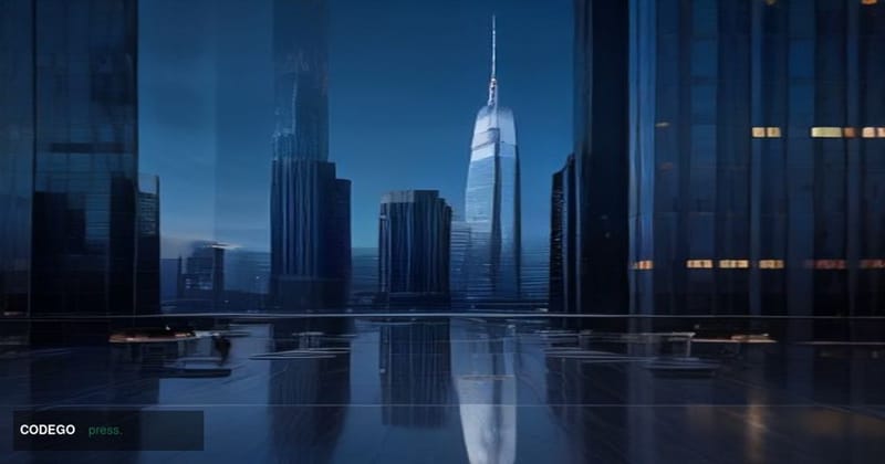 A dramatic cinematic editorial photograph depicting a sleek, modern banking headquarters at twilight on a quiet weekend — gla