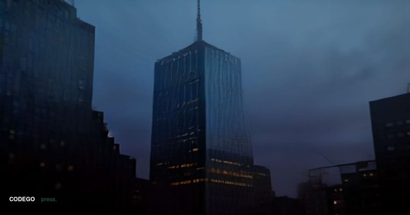 A dramatic cinematic editorial photograph of Citi's iconic Manhattan headquarters tower at dusk, its glass facade reflecting 