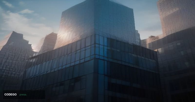 A cinematic editorial photograph of a sleek mid-rise glass office building in lower Manhattan at golden hour, shot from a low