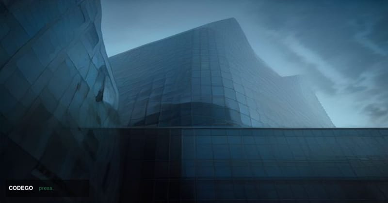 A cinematic editorial photograph shot from a low angle looking up at a sleek glass-and-steel corporate headquarters building 