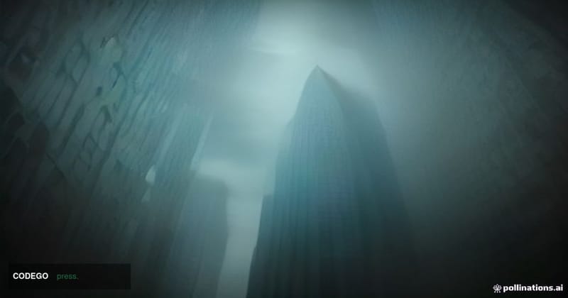 A cinematic editorial photograph shot from a low angle looking up at two glass-and-steel corporate headquarters buildings mer