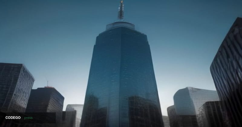A cinematic editorial photograph of a gleaming glass-and-steel financial district tower in downtown Toronto at dusk, shot fro