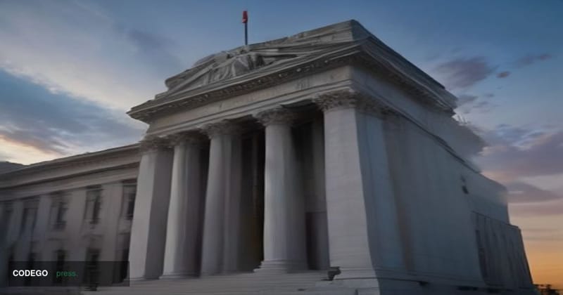 A cinematic editorial photograph of a monumental neoclassical government building exterior — evoking the U.S. Securities and 