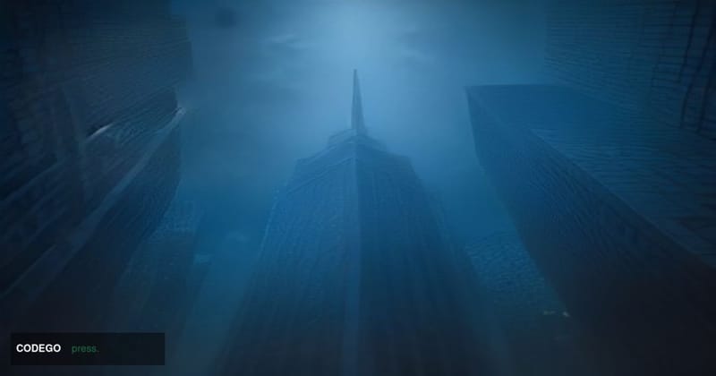 A cinematic editorial photograph shot from a low angle looking up at a gleaming glass-and-steel financial district tower in d