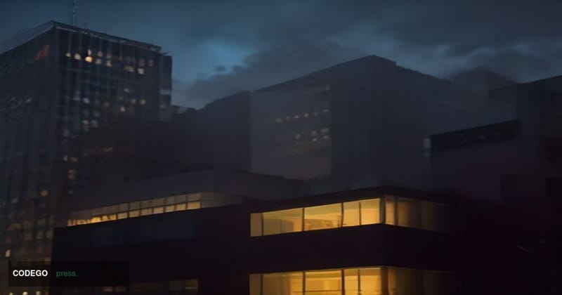 A dramatic cinematic editorial photograph depicting a corporate bifurcation metaphor tied to Ethereum's Brooklyn-rooted block