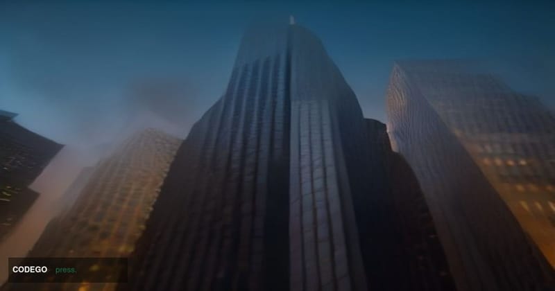 A cinematic editorial photograph depicting a dramatic corporate bifurcation metaphor set against a backdrop evoking San Franc