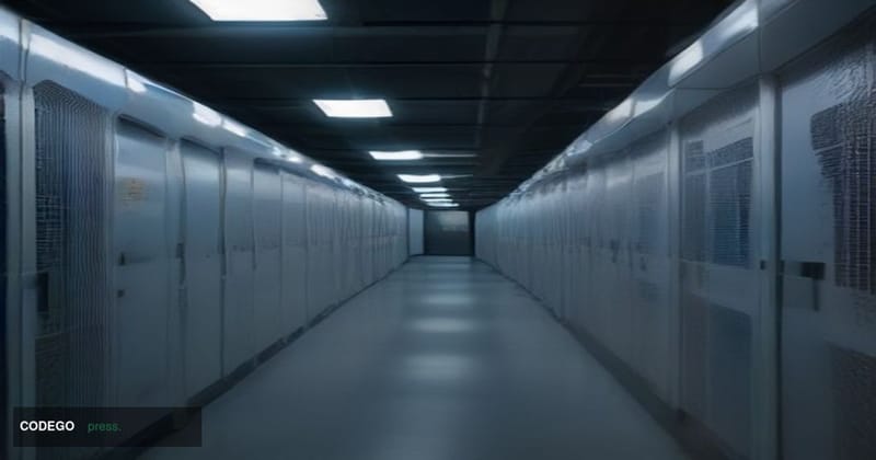A dramatic cinematic editorial photograph of a sleek underground data center corridor representing a blockchain validator net