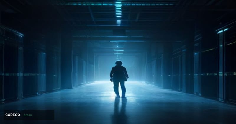 A dramatic cinematic editorial photograph set inside a dimly lit server infrastructure facility, with rows of blinking networ