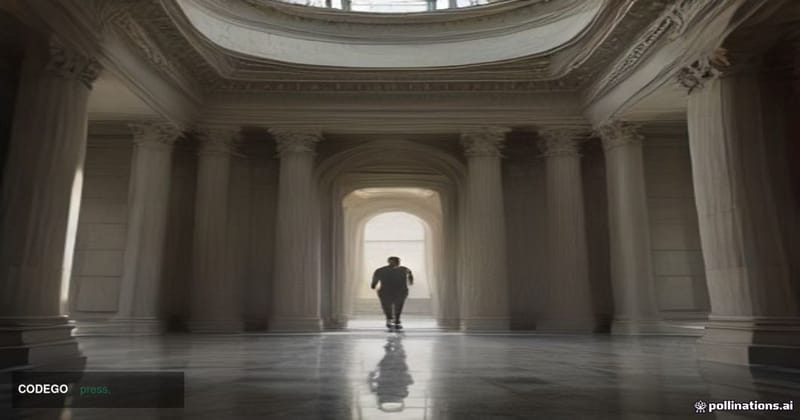 A dramatic cinematic editorial photograph shot from a low angle inside a grand marble-floored financial courthouse rotunda, l