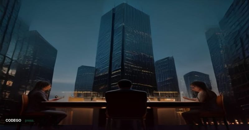 A cinematic editorial photograph set in a grand European financial district at dusk, featuring a monumental glass-and-stone b