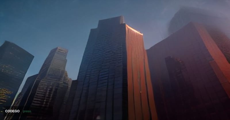 A cinematic editorial photograph shot at golden-hour dusk from a low angle looking upward along the gleaming glass-and-steel 