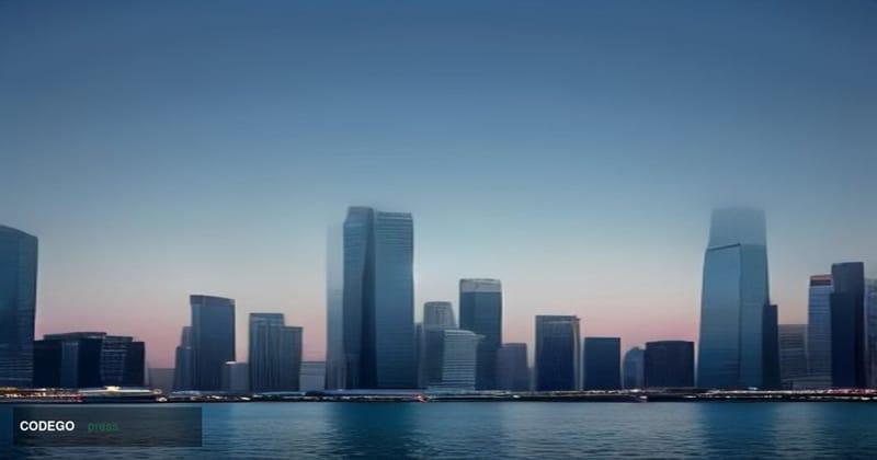 A cinematic editorial photograph depicting two iconic financial district skylines facing each other across a vast expanse — o