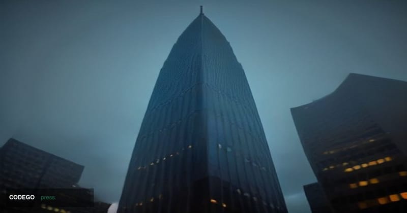 A cinematic editorial photograph of a monumental European banking headquarters — a towering glass-and-steel Frankfurt financi