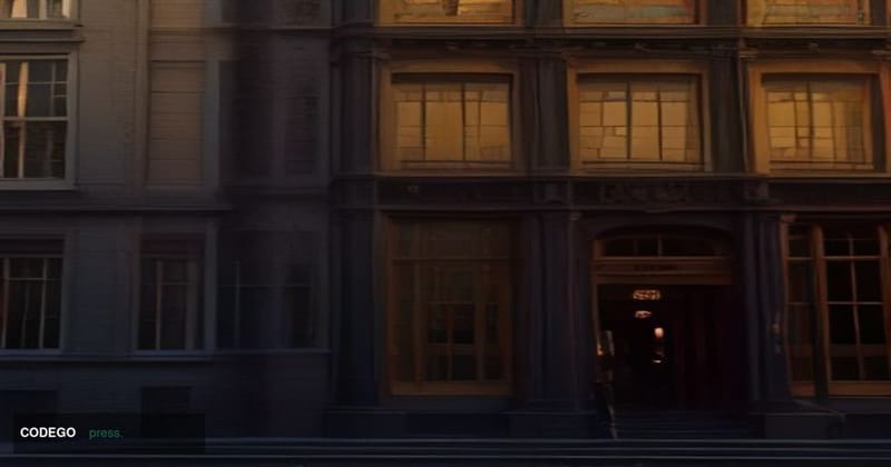 A cinematic editorial photograph set in Amsterdam's financial district at golden hour, featuring a grand institutional glass-