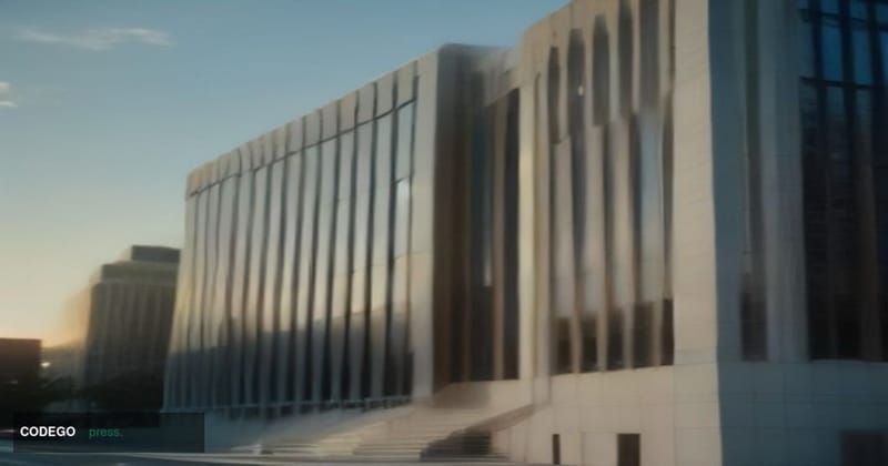 A cinematic editorial photograph of a classic American Midwest community bank building at golden hour, shot from a low-angle 