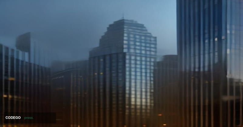 A sweeping cinematic exterior shot of a modern mid-rise American regional bank headquarters building at golden hour, the glas