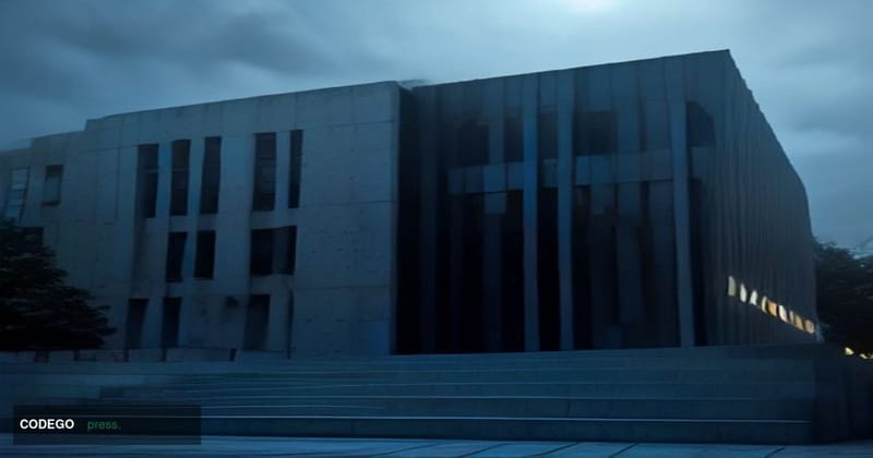 A dramatic cinematic editorial photograph taken at ground level looking up at a monumental federal law enforcement building i