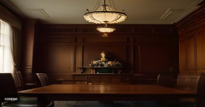 A cinematic editorial photograph set inside a formal British financial regulatory hearing room, shot from a low angle looking
