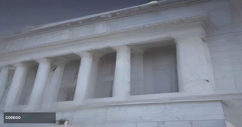 A photorealistic cinematic editorial photograph of the Federal Reserve's neoclassical marble headquarters building in Washing