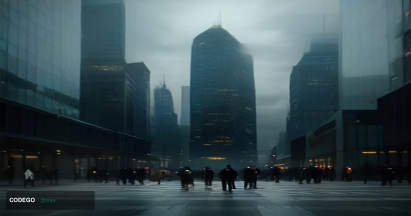 A cold, overcast Warsaw cityscape at dusk photographed from street level, with a sleek glass-and-steel financial district off