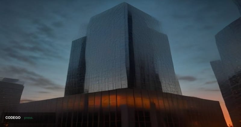 A cinematic editorial photograph of a grand Midwestern American bank headquarters exterior at dusk, shot from a low wide-angl