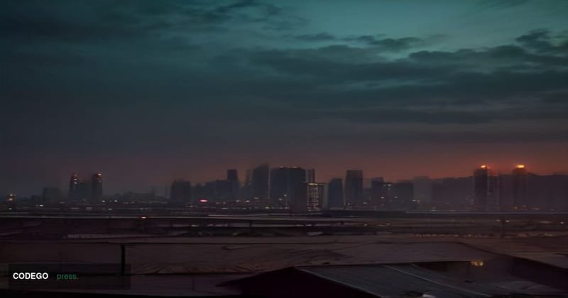 A cinematic editorial photograph depicting a dramatic dusk skyline over a dense Southeast Asian urban landscape, with shadowy