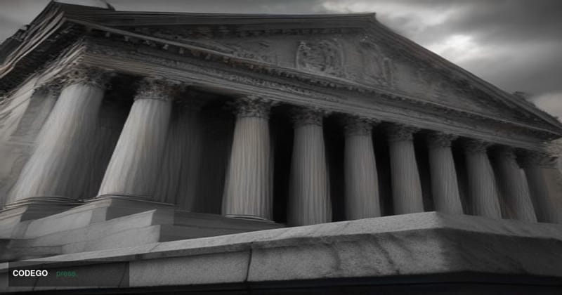 A cinematic editorial photograph shot from a low angle looking up at the imposing neoclassical stone facade of the U.S. Treas