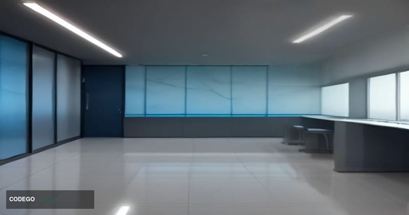 A photorealistic cinematic editorial photograph shot from a low angle inside a sleek modern bank branch interior, dramaticall