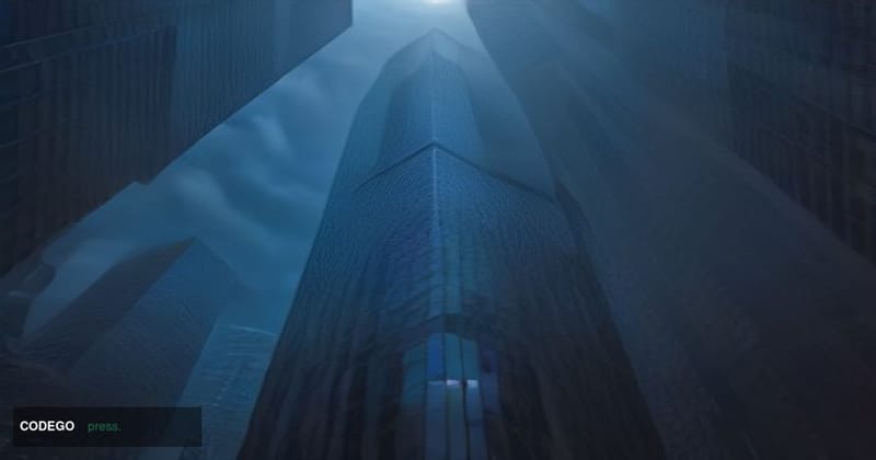 A dramatic wide-angle shot of a major financial district street at dusk, shot from a low angle looking up at towering glass-a