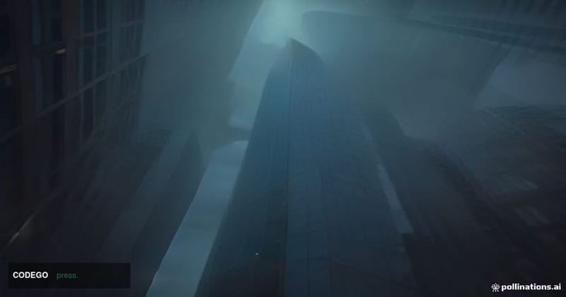 A cinematic editorial photograph taken from a low angle looking up at the glass-and-steel exterior of a major financial distr
