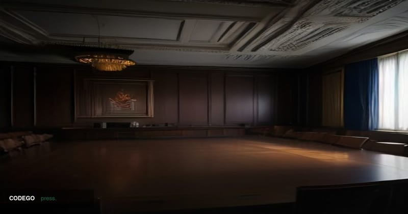 A cinematic editorial photograph set inside a formal federal regulatory hearing room in Washington D.C., shot from a low angl