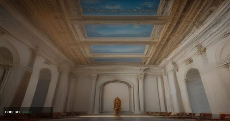 A dramatic wide-angle editorial photograph of a grand neoclassical banking hall interior at dusk, shot from floor level looki