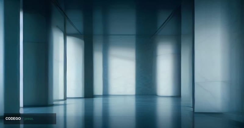 A split-composition cinematic editorial photograph taken from a low angle, depicting a sleek modern banking and technology cr