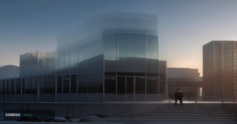 A cinematic editorial photograph of a sleek, modern mid-rise bank branch exterior set against the dramatic backdrop of the Ro