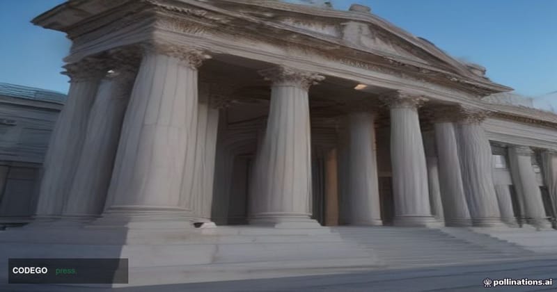 A wide-angle cinematic shot of the neoclassical marble facade of the Federal Reserve's Eccles Building in Washington D.C. at 