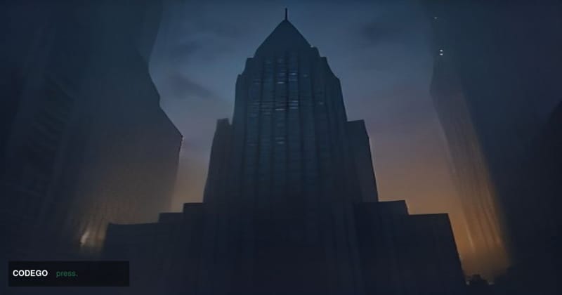 A cinematic editorial photograph shot from a low angle looking up at a monumental glass-and-steel government financial instit